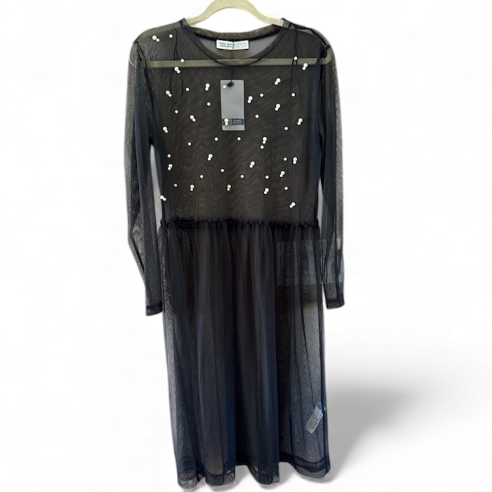 Zara Basic Z1975 Denim Women’s Black SHEER with Pearls Long Sleeve Dress new